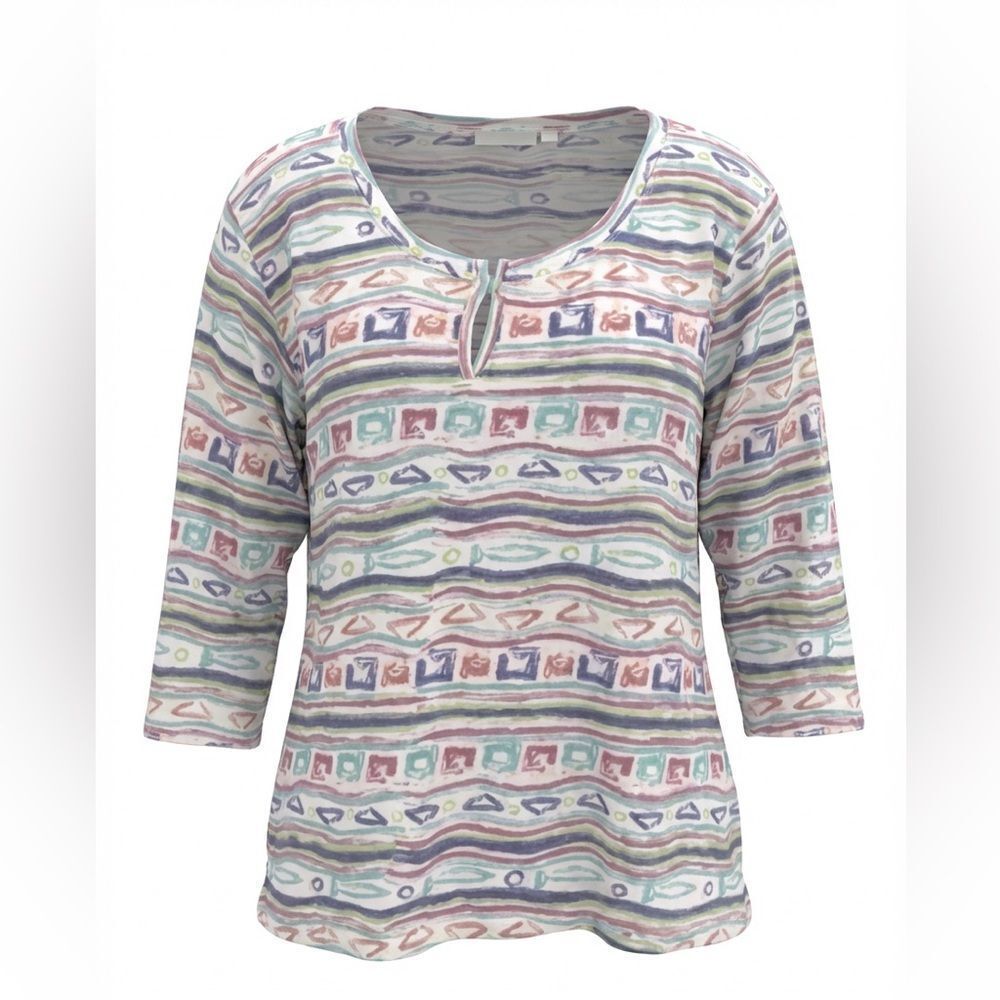 LULU--B WOMENS BLOUSE SIZE XL WHITE WITH MULTICOLORED DESIGN